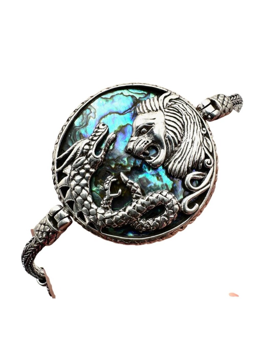 Sterling Silver Dragon Lion Bracelet Abalone Mother of Pearl 8 Inch - Picture 5 of 12